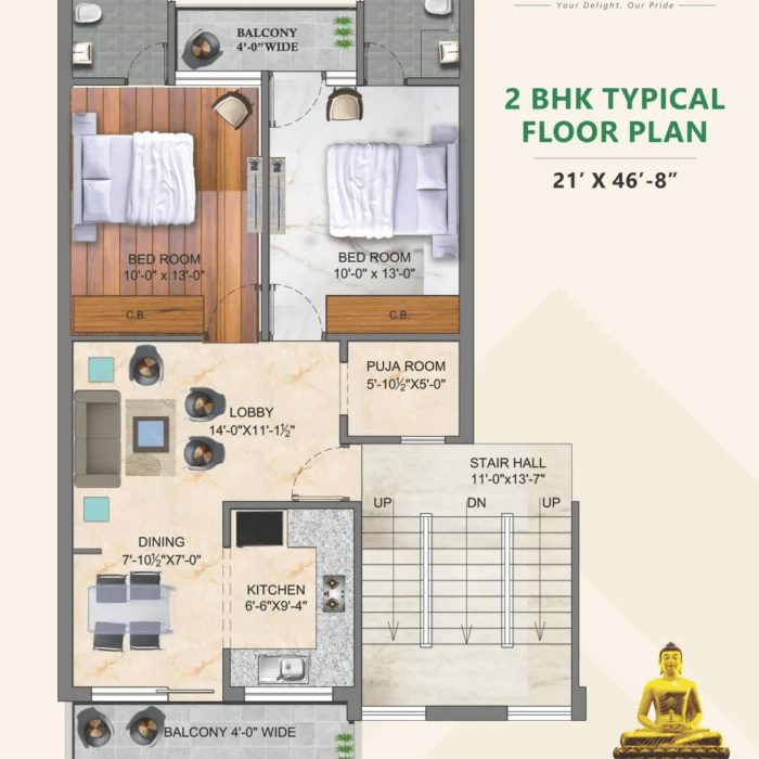 2 BHK Typical Floor Plan - 21' x 46'-8"