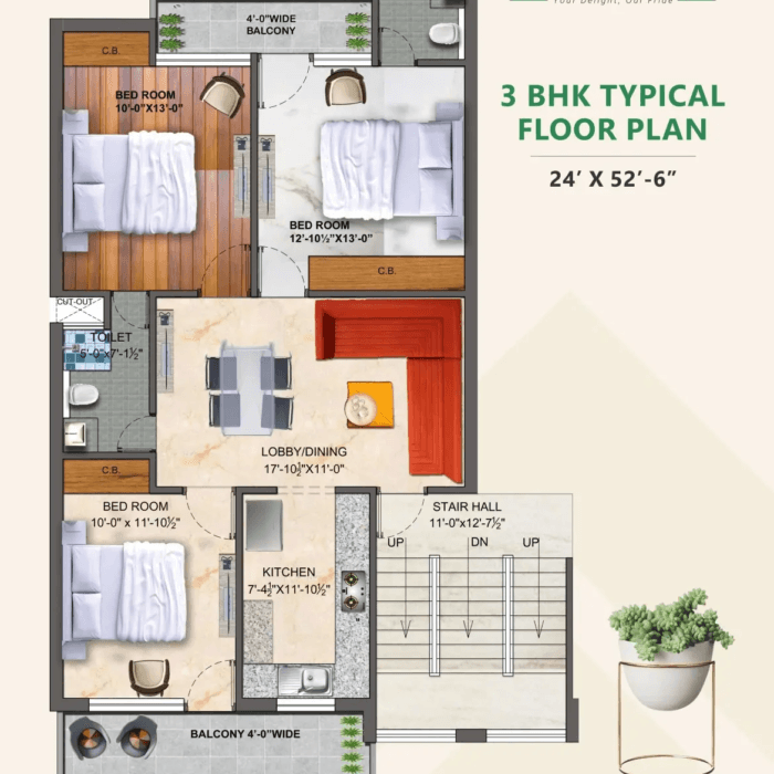 3 BHK Typical Floor Plan - 24' x 52'-6"