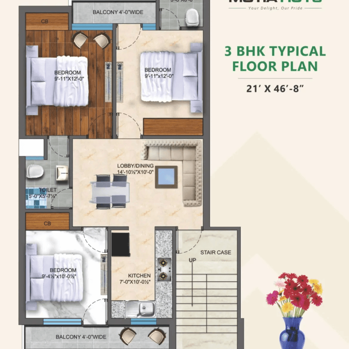 3 BHK Typical Floor Plan - 21' x 46'-8"